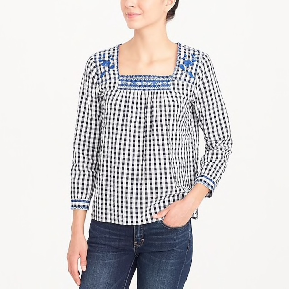 J.Crew Embroidered Gingham Peasant Top XL